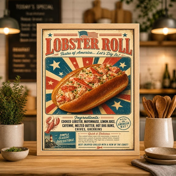 Food Subscription Kitchen Lobster Roll American Food Vintage Americana Poster , Poster ...
