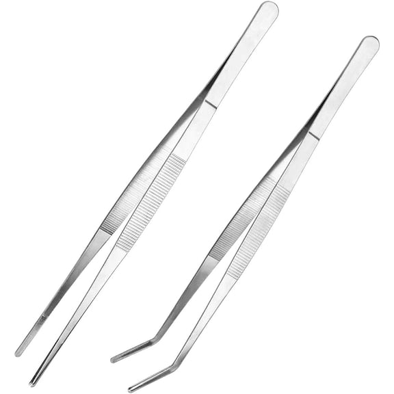 Kitchen Long Tweezers Set, 2 count 12 Inch Stainless Steel Tweezers with Precision Serrated Tips for Cooking & Baking (Straight + Curved)