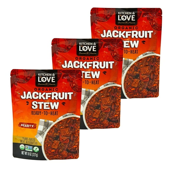 Kitchen and Love, Organic SAF21 Jackfruit Hearty Stew, Cooked, Plant Based Meat Alternative, Gluten Free, Ready in 90 seconds, High in Fiber, Non GMO Verified, Vegan, Quick Meal 8 Oz (Pack of 3)