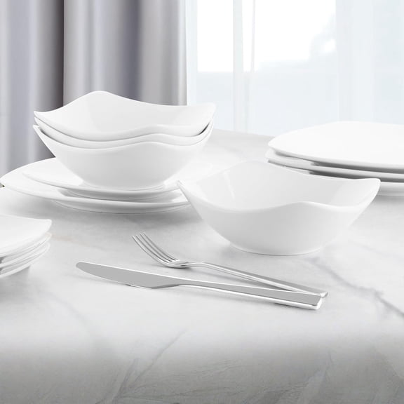 Kitchen Luna Plates and Bowls Sets, 16 Piece Modern Porcelain Dish Set for 4, Chip and Scratch Resistant Square Dinnerware Set, Microwave and Dishwasher , Pearl White