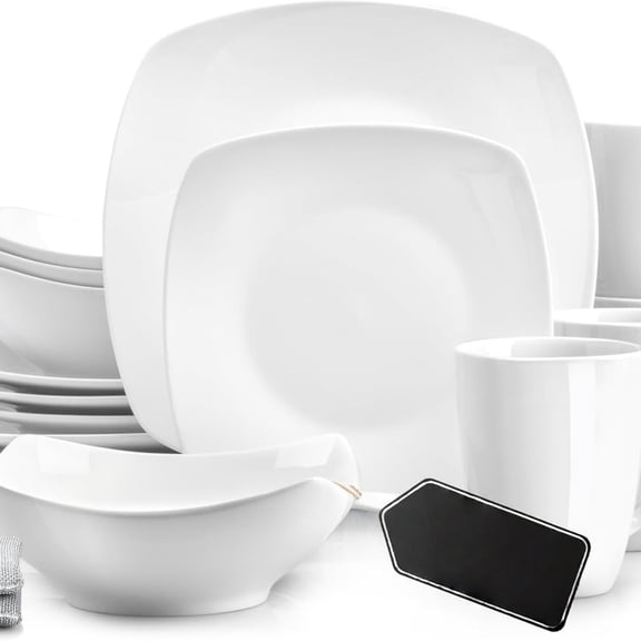 Kitchen Luna Plates and Bowls Sets, 16 Piece Modern Porcelain Dish Set for 4, Chip and Scratch Resistant Square Dinnerware Set, Microwave and Dishwasher , Pearl White