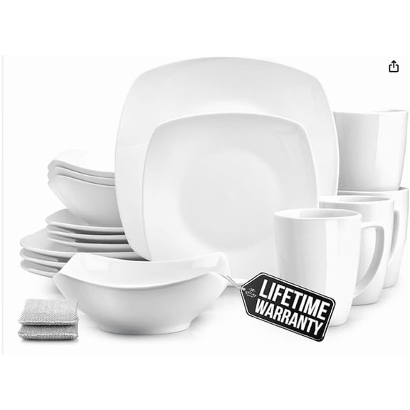 Kitchen Luna Plates and Bowls Sets, 16 Piece Modern Porcelain Dish Set for 4, Chip and Scratch Resistant Square Dinnerware Set, Microwave and Dishwasher , Pearl White