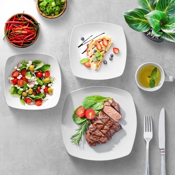 Kitchen Luna Plates and Bowls Sets, 16 Piece Modern Porcelain Dish Set for 4, Chip and Scratch Resistant Square Dinnerware Set, Microwave and Dishwasher Safe, Pearl White