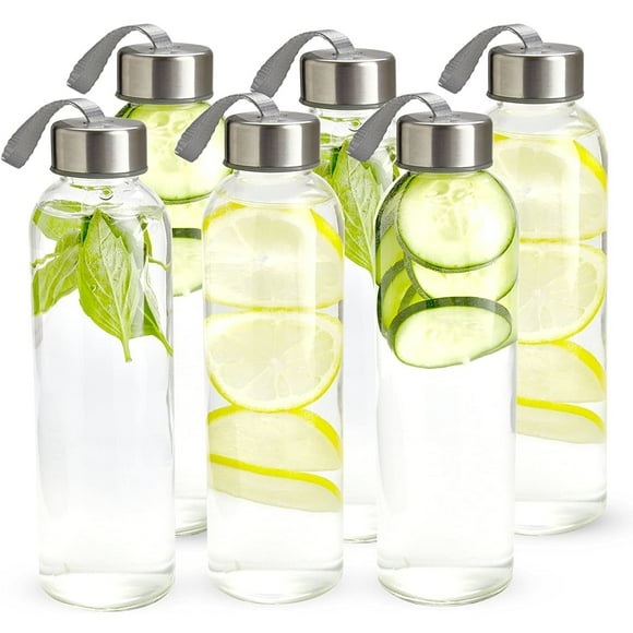 Kitchen Lux Glass Water Bottles 18 oz Set with Lids and Sleeves Pack of 6