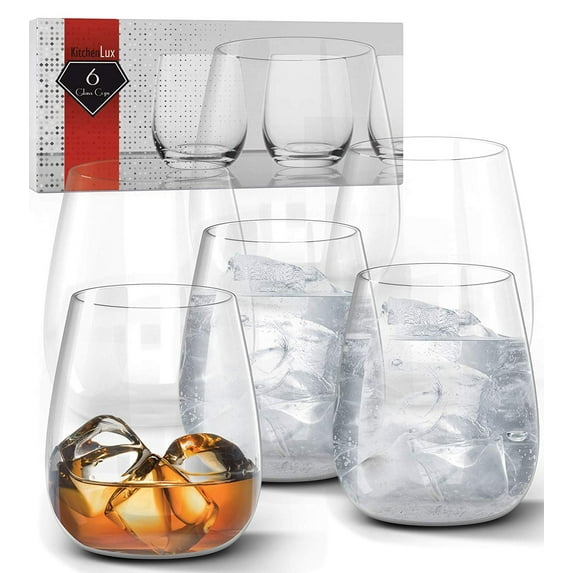 Kitchen Lux Stemless Wine Glass, Whiskey or Drinking Glasses Restaurant and Bar Quality Glassware Set of 6