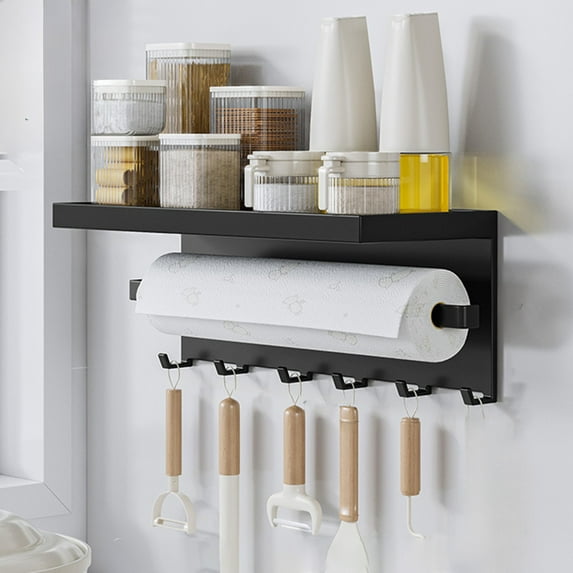 Kitchen Magnetic Storage Rack, Refrigerator Side Organizer, Rolled Paper Towel Seasoning Jar Holder, Multifunctional Hooks, Strong Weight-Bearing, No Drilling