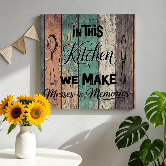 in This Kitchen We Make Canvas Wall Art for Living Room, Country Farmhouse Teal Brown Wood Grain Poster Print Painting for Nightstand Bathroom Collage Decoration Wall Pictures Prepare To Hang 8"x8"