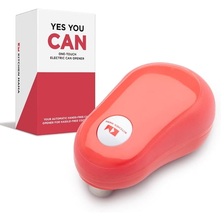 Kitchen Mama One-Touch Electric Can Opener: Open with Simple Press of A Button - Auto Stop As Task Completes, Ergonomic, Smooth Edge, Food-Safe, Battery Operated (Red)