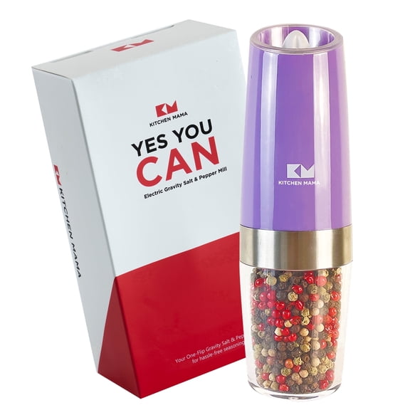 Kitchen Mama Electric Gravity One-Flip Salt and Pepper Mill: Battery Operated Automatic, Adjustable Coarseness, White Light, Refillable - One Hand Operated Salt, Peppercorn Grinder (Purple)