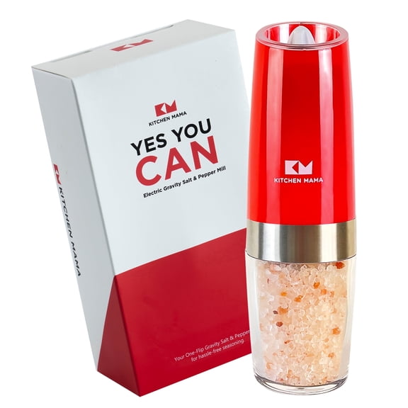 Kitchen Mama Electric Gravity One-Flip Salt and Pepper Mill: Battery Operated Automatic, Adjustable Coarseness, White Light, Refillable - One Hand Operated Salt, Peppercorn Grinder (Red)