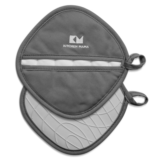 Kitchen Mama Silicone Pot Holders - Heat Resistant, Non-Slip Surface, Dual Pocket Design (Metal Gray)
