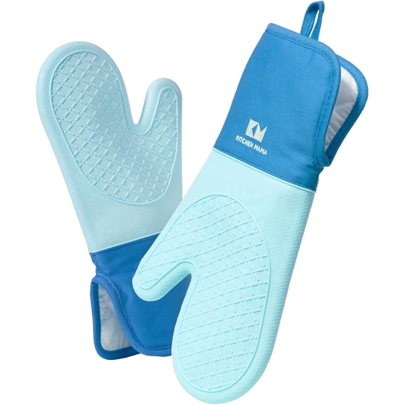 Kitchen Mama UltraShield Silicone Oven Mitts: Heat Resistant, Non-Slip Surface, Durable (Blue)