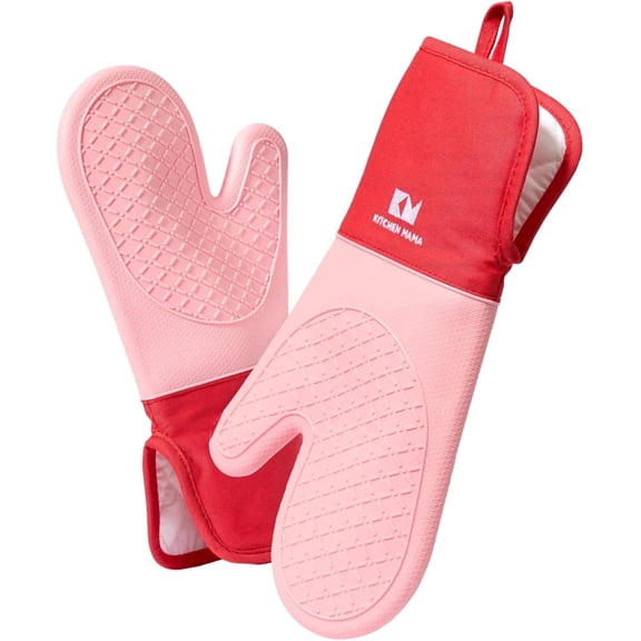 Kitchen Mama UltraShield Silicone Oven Mitts: Heat Resistant, Non-Slip Surface, Durable (Red)
