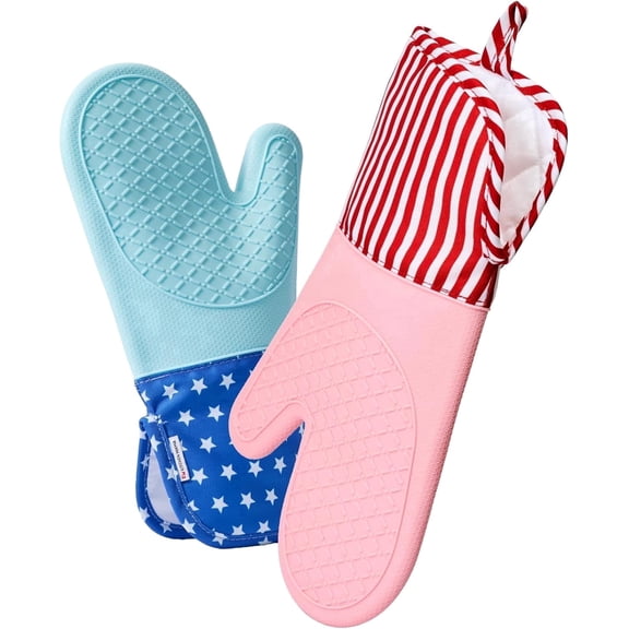 Kitchen Mama UltraShield Silicone Oven Mitts: Heat Resistant, Non-Slip Surface, Durable (USA Flag)