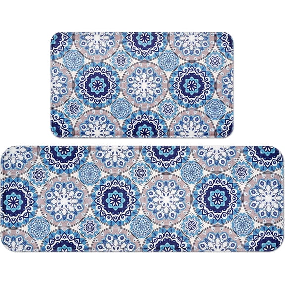 Kitchen Mat 2 PCS-Boho Kitchen Rug and Mat Washable, Bohemia Cushioned Anti-Fatigue Kitchen Rugs, Farmhouse Non Slip Memory Foam Kitchen Mat for Home & Office, 17'''' x 47'''' + 17'''' x 30'''', Blue