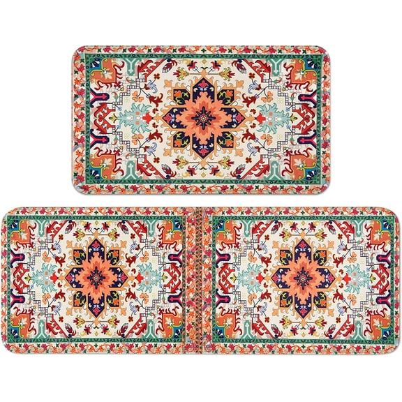 Kitchen Mat 2 PCS-Boho Kitchen Rug and Mat Washable, Bohemia Cushioned Anti-Fatigue Kitchen Rugs, Farmhouse Non Slip Memory Foam Kitchen Mat for Home & Office, 17'''' x 47'''' + 17'''' x 30'''', Brown