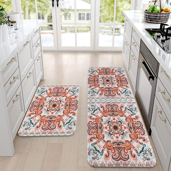 Kitchen Mat 2 PCS-Boho Kitchen Rug and Mat Washable, Bohemia Cushioned Anti-fatigue Kitchen Rugs, Farmhouse Non Slip Memory Foam Kitchen Mat for Home Office, 17 x 47 + 17 x 30, Colorful