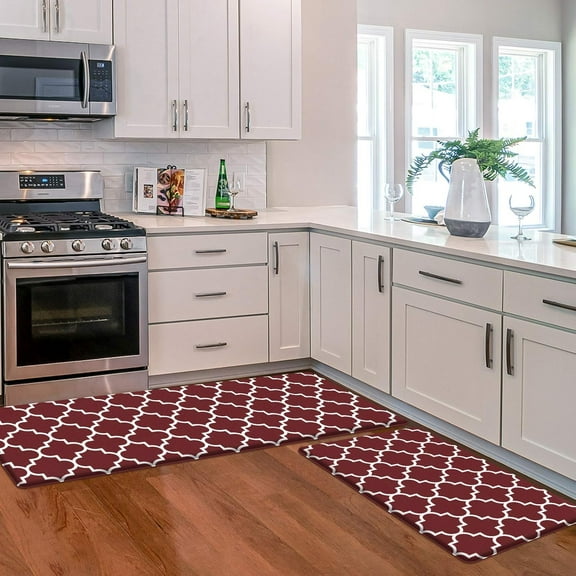 Kitchen Mat [2 PCS] Cushioned Anti-Fatigue Kitchen Rug, Waterproof Non-Slip Kitchen Mats and Rugs Heavy Duty PVC Ergonomic Comfort Standing Foam Mat for Kitchen, Office, Sink, Laundry,Red