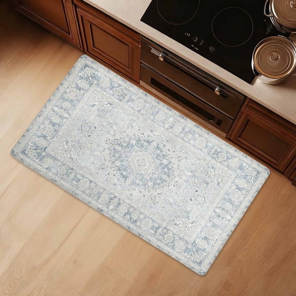 Kitchen Mat 36"x20" Anti-Fatigue Cushioned Non-Slip Waterproof PVC Easy Clean Rug, Vintage Faded Medallion Oriental Farmhouse Floor Mat for Kitchen Sink, Laundry Room, Office & Standing Desk