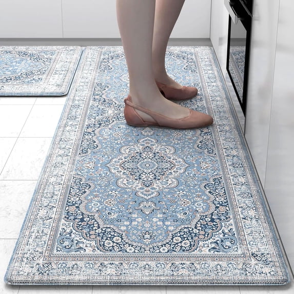 Kitchen Mat Anti Fatigue 2 Pieces Blue Kitchen Rugs Non Slip Waterproof Kitchen Floor Mats Cushioned Boho Kitchen Runner Rug Comfort Memory Foam Kitchen Mats for Floor,Front of Sink,Laundry Room