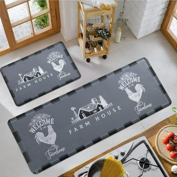 Kitchen Mat, Anti Fatigue Rooster Buffalo Plaid Sunflower Farmhouse Rugs, Waterproof & Non-Slip PVC Leather Floor Mat for Kitchen, Sink, Office, Laundry, Set of 2 (Grey, 17"x27"+17"x47")
