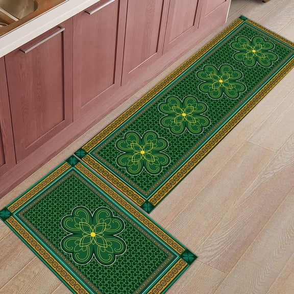 Kitchen Mat Cushioned Comfort Runner Carpets Standing Floor Mats 2 PCS Non-Slip Anti-Wear Kitchen Rugs and Mats for Bathroom Sink Laundry, St.Patrick''s Day Lucky Shamrock Clover Vintage Doormat