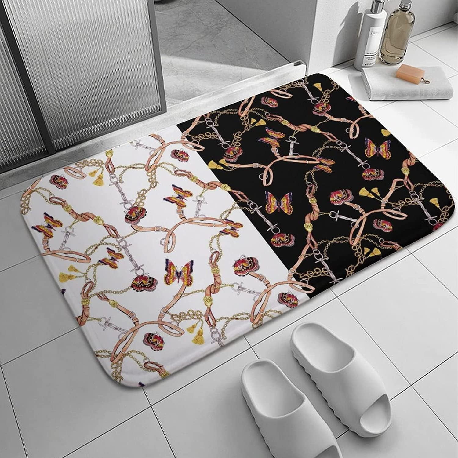 Kitchen Mat Cute Butterflies Chain White And Black Bath Rugs Absorbent
