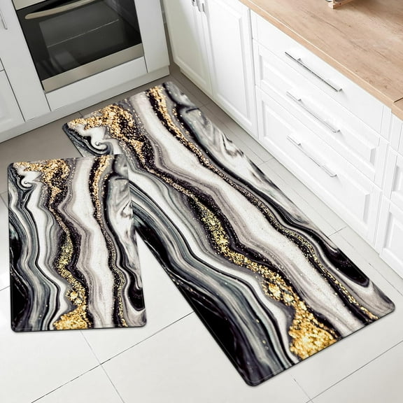 Kitchen Mat for Floor Black Golden Marble Kitchen Rugs and Mats Non Skid Washable 17"X48"+17"X24" Set of 2 Abstract Kitchen Floor Rugs Mats for Dining Room Floor Home Sink Laundry