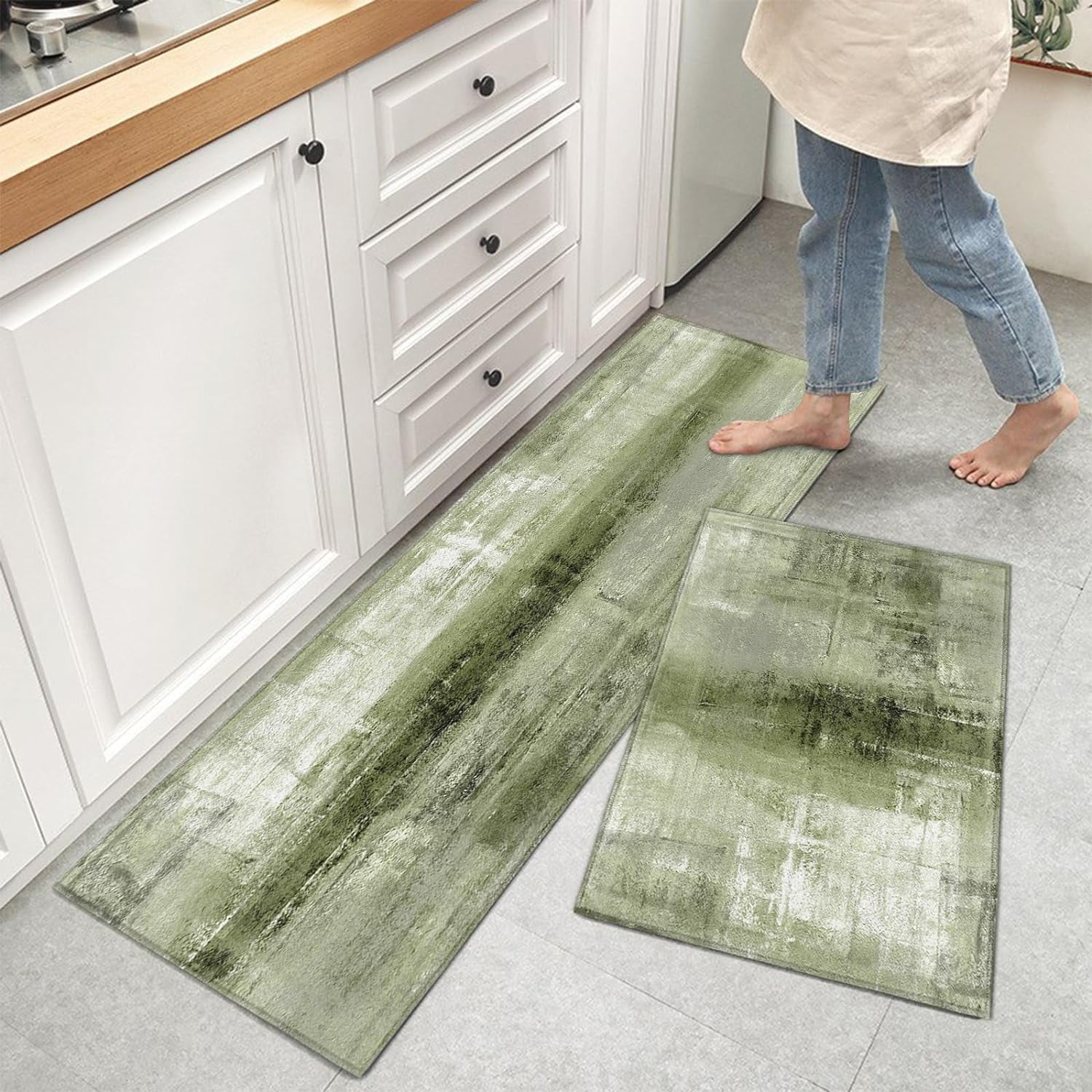 Kitchen Mat Modern Abstract Art Sage Green Kitchen Rug Kitchen Mats for Floor Anti Fatigue Mat Non Slip Kitchen Mats and Rugs Standing Mat for