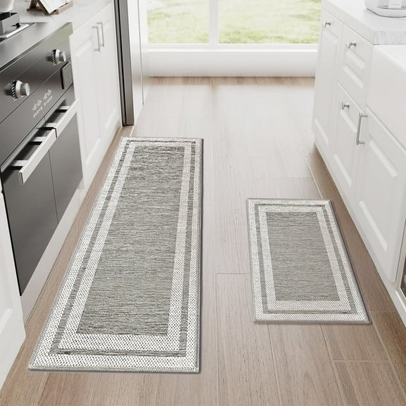 Kitchen Mat, Non-slip and water-absorbent  Mats for Kitchen Floor 2-Piece Set, Washable Kitchen Rug and Mat, 17" x 29" + 17" x 47", Gray and White