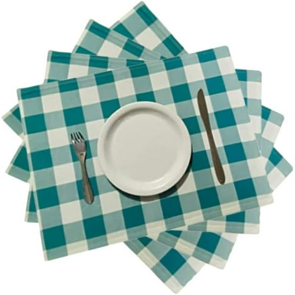 Kitchen Mat Placemats Set of 4 Double Layered Reversible Buffalo Plaid |100% Cotton Blue and White Checked Placemats Dining Table Decor | Washable Rectangle Placemats Kitchen Table (19 x 14 Inches)