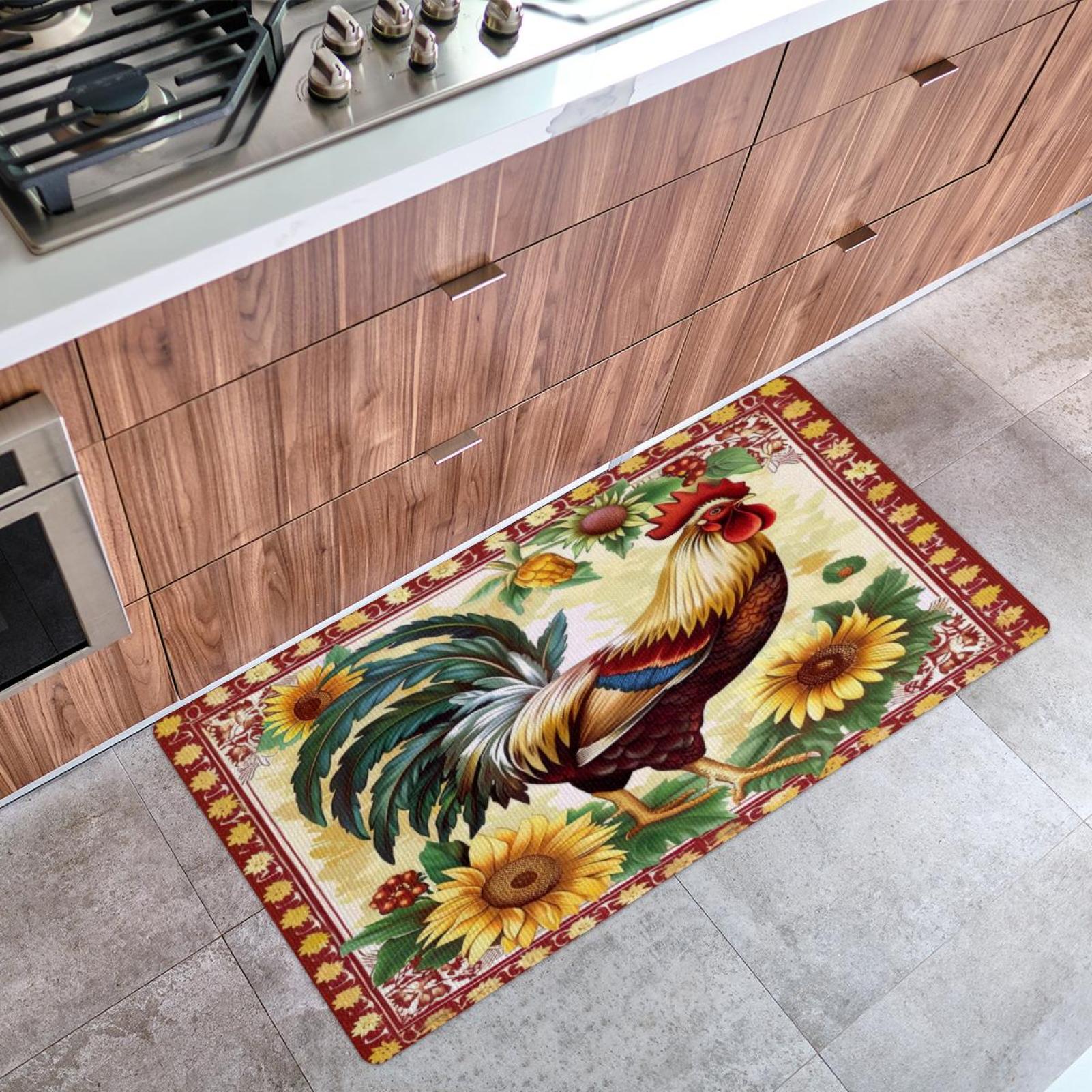 Kitchen Mat Rooster Sunflower, Cushioned AntiFatigue Kitchen Rug, Non