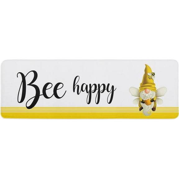 Kitchen Mat Rug 1 PCS Bee Happy Gnome Yellow Honey Runner Rug Anti-Fatigue Comfort Memory Foam Standing Mat Non-Slip Floor Door Mat for Bathroom Bedroom 20x47in