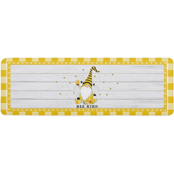 Kitchen Mat Rug 1 PCS Bee Kind Yellow Plaid Wooden Runner Rug Anti-Fatigue Comfort Memory Foam Standing Mat Non-Slip Floor Door Mat for Bathroom Bedroom 16x47in