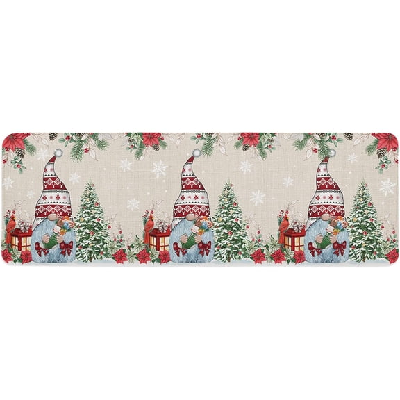 Kitchen Mat Rug 1 PCS Christmas Farm Gnome Hold Gift Red Flowers Linen Runner Rug Anti-Fatigue Comfort Memory Foam Standing Mat Non-Slip Floor Door Mat for Bathroom Bedroom 20x47in