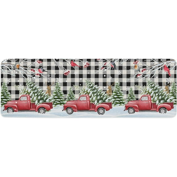 Kitchen Mat Rug 1 PCS Christmas Truck Xmas Tree White Black Buffalo Plaid Runner Rug Anti-Fatigue Comfort Memory Foam Standing Mat Non-Slip Floor Door Mat for Bathroom Bedroom 20x47in