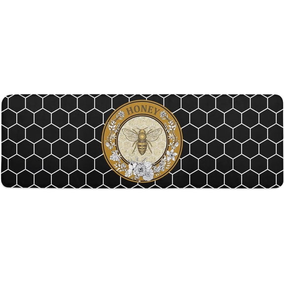 Kitchen Mat Rug 1 PCS Vintage Flower Bee Honey Hive Black Background Runner Rug Anti-Fatigue Comfort Memory Foam Standing Mat Non-Slip Floor Door Mat for Bathroom Bedroom 16x47in