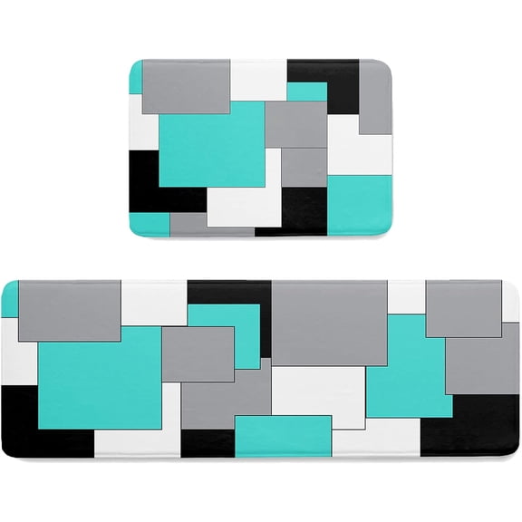 Kitchen Mat Rug Set of 2 Abstract Art Patchwork Black Kallaite and Grey Runner Rug Anti-Fatigue Comfort Memory Foam Standing Mat Non-Slip Floor Door Mat for Bathroom Bedroom 18x30in+18x60in