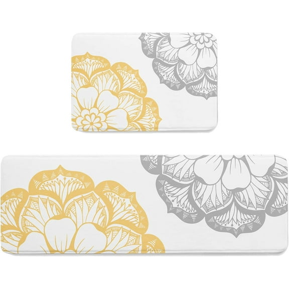 Kitchen Mat Rug Set of 2 Abstract Dahlia Flower Yellow Gray Floral Runner Rug Anti-Fatigue Comfort Memory Foam Standing Mat Non-Slip Floor Door Mat for Bathroom Bedroom 18x30in+18x48in