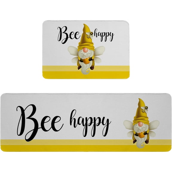 Kitchen Mat Rug Set of 2 Bee Happy Gnome Yellow Honey Runner Rug Anti-Fatigue Comfort Memory Foam Standing Mat Non-Slip Floor Door Mat for Bathroom Bedroom 18x30in+18x48in