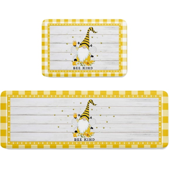 Kitchen Mat Rug Set of 2 Bee Kind Yellow Plaid Wooden Runner Rug Anti-Fatigue Comfort Memory Foam Standing Mat Non-Slip Floor Door Mat for Bathroom Bedroom 18x30in+18x48in