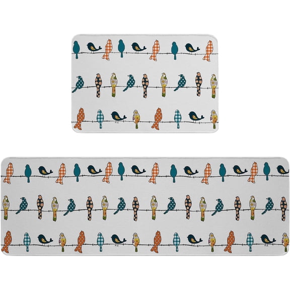 Kitchen Mat Rug Set of 2 Birds on The Wire Teal Grey Orange Runner Rug Anti-Fatigue Comfort Memory Foam Standing Mat Non-Slip Floor Door Mat for Bathroom Bedroom 18x30in+18x60in