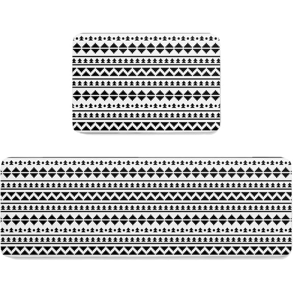 Kitchen Mat Rug Set of 2 Indian Mandala Boho Striped Black White Runner Rug Anti-Fatigue Comfort Memory Foam Standing Mat Non-Slip Floor Door Mat for Bathroom 18x30in+18x60in