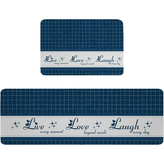 Kitchen Mat Rug Set of 2 Live Love Laugh Retro Blue Plaid Runner Rug Anti-Fatigue Comfort Memory Foam Standing Mat Non-Slip Floor Door Mat for Bathroom 18x30in+18x60in