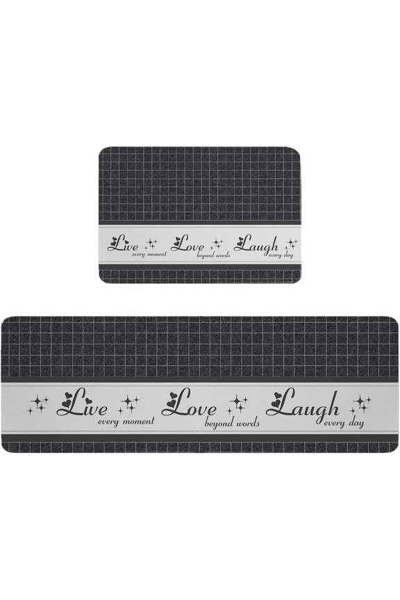 Kitchen Mat Rug Set of 2 Live Love Laugh Retro Gray Plaid Runner Rug Anti-Fatigue Comfort Memory Foam Standing Mat Non-Slip Floor Door Mat for Bathroom 18x30in+18x48in