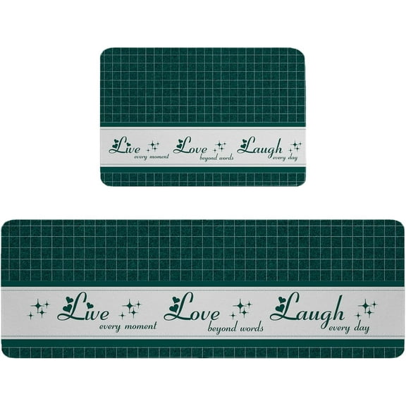 Kitchen Mat Rug Set of 2 Live Love Laugh Retro Teal Green Plaid Runner Rug Anti-Fatigue Comfort Memory Foam Standing Mat Non-Slip Floor Door Mat for Bathroom 15.7x23.6in+15.7x47.2in