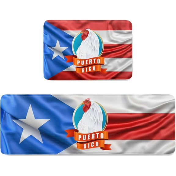 Kitchen Mat Rug Set of 2 Puerto Rico Flag Chicken Runner Rug Anti-Fatigue Comfort Memory Foam Standing Mat Non-Slip Floor Door Mat for Bathroom Bedroom 18x30in+18x48in