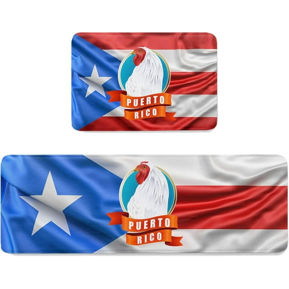 Kitchen Mat Rug Set of 2 Puerto Rico Flag Chicken Runner Rug Anti-Fatigue Comfort Memory Foam Standing Mat Non-Slip Floor Door Mat for Bathroom Bedroom 18x30in+18x48in