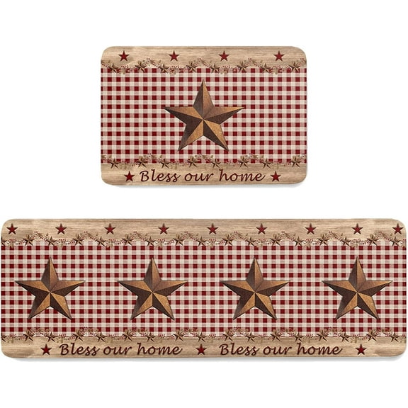 Kitchen Mat Rug Set of 2 Rustic Barn Texas Western Star Berries Red Buffalo Plaid Runner Rug Anti-Fatigue Comfort Memory Foam Standing Mat Non-Slip Floor Door Mat for Bathroom 18x30in+18x60in
