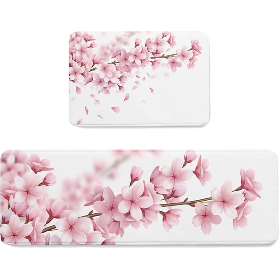 Kitchen Mat Rug Set of 2 Spring Pink Cherry Blossom Japanese Style Runner Rug Anti-Fatigue Comfort Memory Foam Standing Mat Non-Slip Floor Door Mat for Bathroom Bedroom 18x30in+18x48in